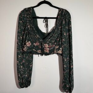Altar'd State Dark Green Floral Crop Top Blouse XL Cottagecore Boho Romantic
